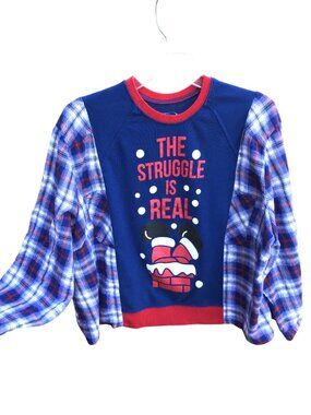 Upcycled Flannel Christmas Shirt Oversized, Holiday Graphics Santa Size M - XL